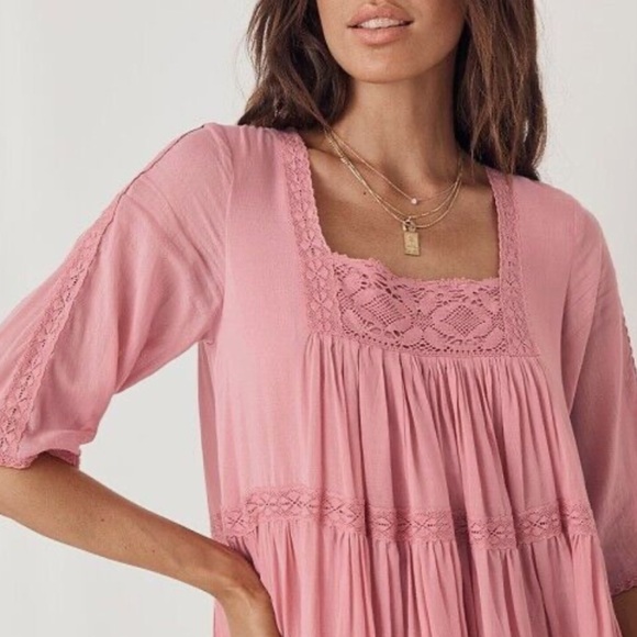 Spell & The Gypsy Women’s S Harmony Crocheted Lace Boho Tunic Dress in Peony - Picture 2 of 15